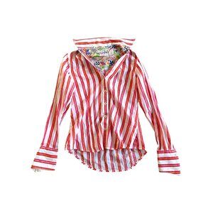 Tizzie Women's Sz XS Striped Button-Up Red & White Shirt Floral Inner Collar